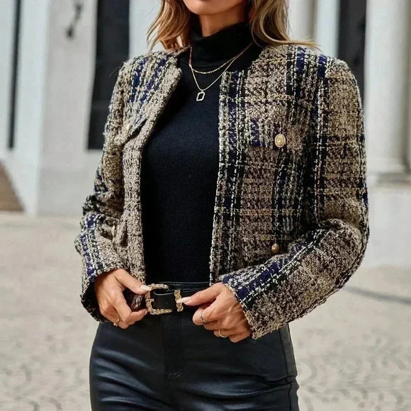 Multicolor Elegant Women's Plaid Pattern Flap Pocket Open Front Tweed Overcoat - Picture 4 of 5